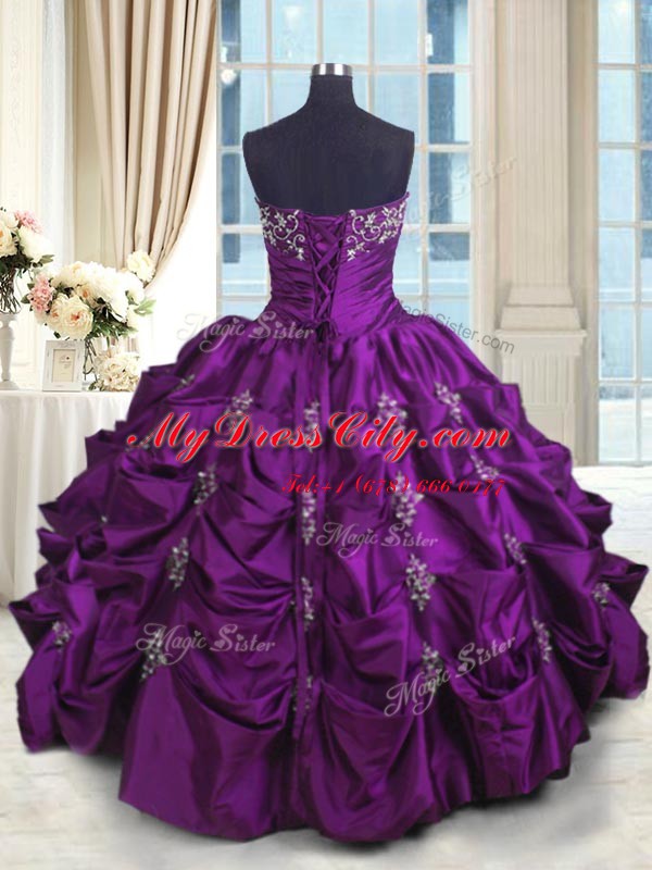 Sweet Floor Length Lace Up Quinceanera Dresses Eggplant Purple for Military Ball and Sweet 16 and Quinceanera with Beading and Appliques and Embroidery and Pick Ups