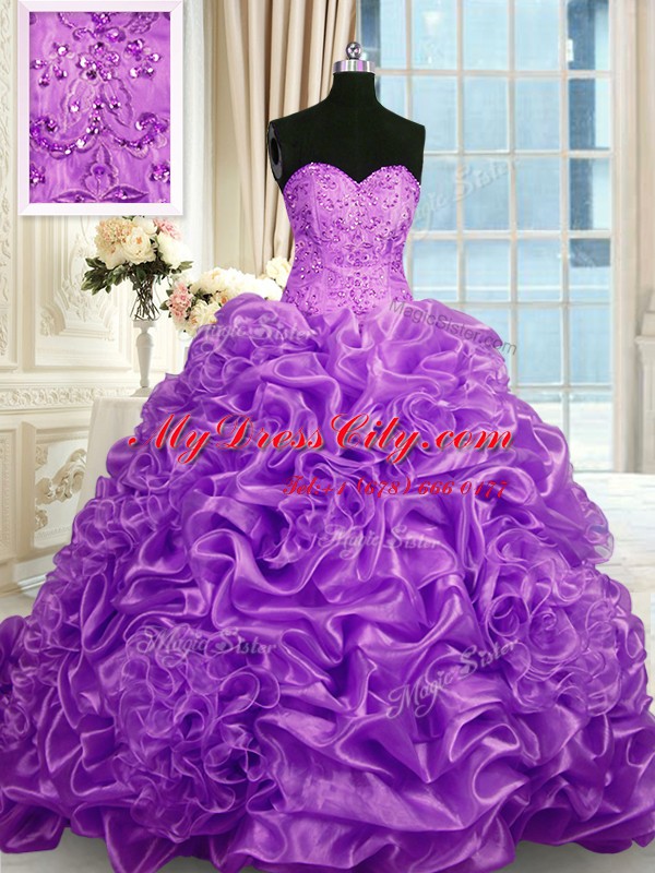 Sexy Fuchsia Lace Up Sweetheart Beading and Pick Ups Quinceanera Gowns Organza Sleeveless Sweep Train