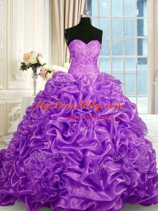 Sexy Fuchsia Lace Up Sweetheart Beading and Pick Ups Quinceanera Gowns Organza Sleeveless Sweep Train