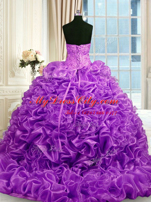 Sexy Fuchsia Lace Up Sweetheart Beading and Pick Ups Quinceanera Gowns Organza Sleeveless Sweep Train