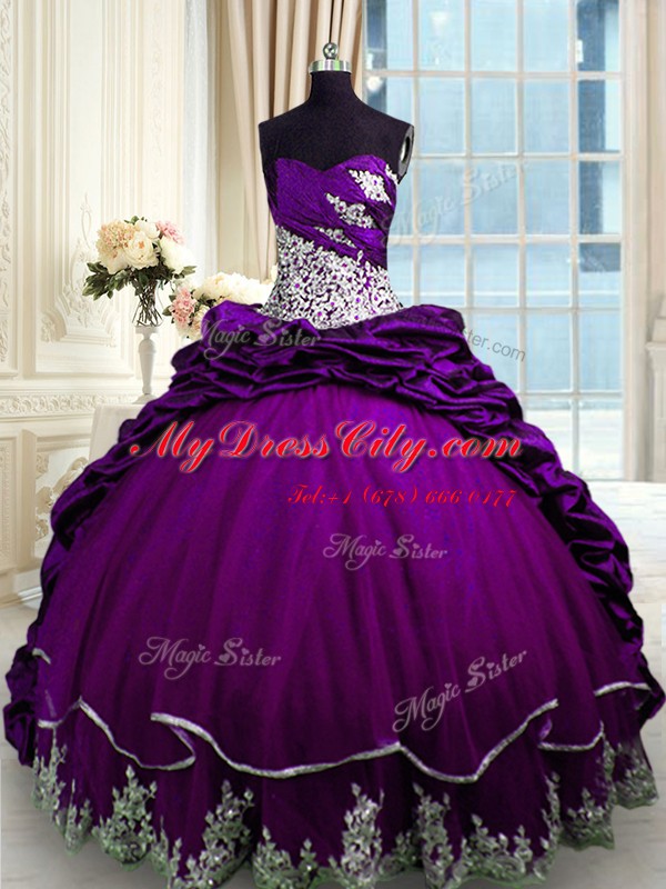 Taffeta Sleeveless With Train Vestidos de Quinceanera Brush Train and Beading and Appliques and Pick Ups