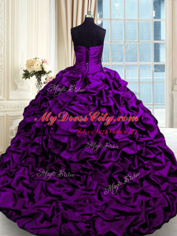 Taffeta Sleeveless With Train Vestidos de Quinceanera Brush Train and Beading and Appliques and Pick Ups