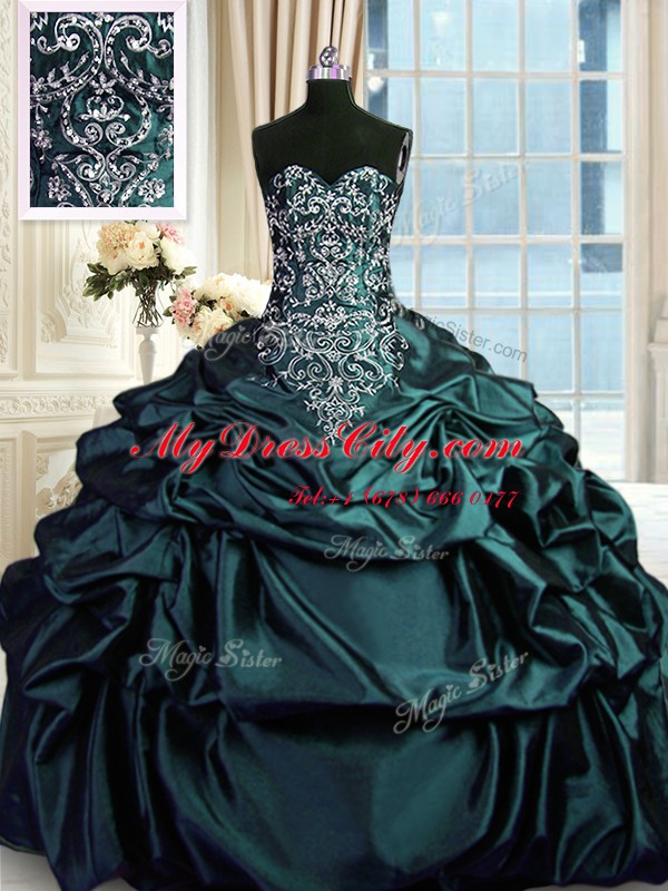 Luxurious Taffeta Sleeveless Floor Length Quinceanera Gown and Beading and Embroidery and Pick Ups