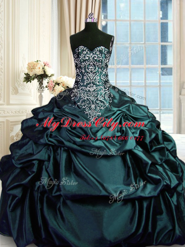 Luxurious Taffeta Sleeveless Floor Length Quinceanera Gown and Beading and Embroidery and Pick Ups