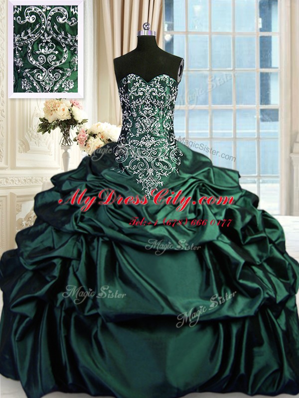 Sleeveless Floor Length Beading and Embroidery and Pick Ups Zipper Quince Ball Gowns with Dark Green