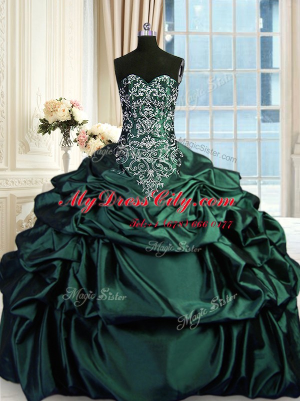 Sleeveless Floor Length Beading and Embroidery and Pick Ups Zipper Quince Ball Gowns with Dark Green