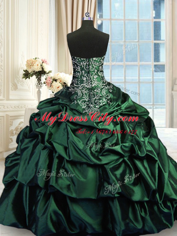 Sleeveless Floor Length Beading and Embroidery and Pick Ups Zipper Quince Ball Gowns with Dark Green