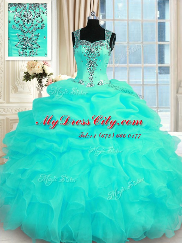 Straps Sleeveless Zipper Vestidos de Quinceanera Turquoise Organza