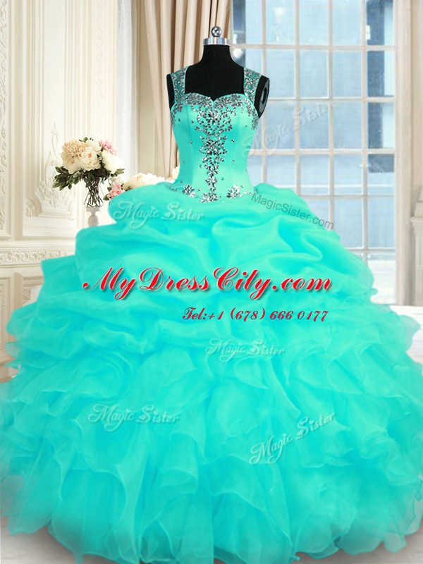 Straps Sleeveless Zipper Vestidos de Quinceanera Turquoise Organza