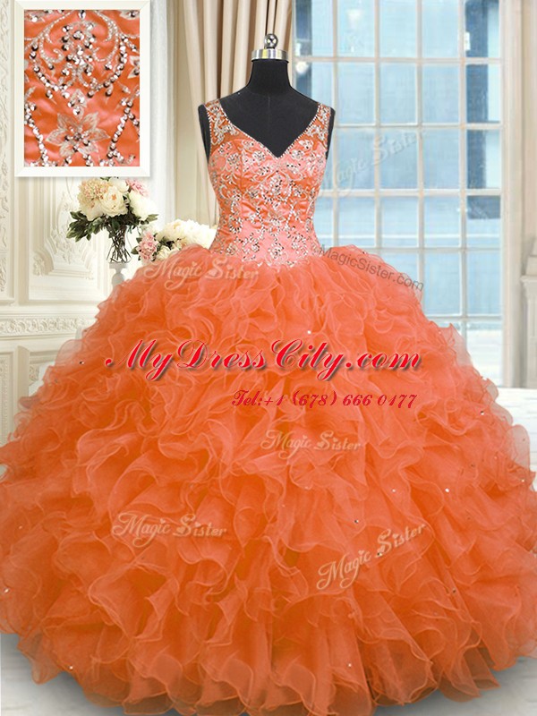 Orange Red Ball Gowns Organza V-neck Sleeveless Beading and Ruffles Floor Length Zipper Quinceanera Dresses