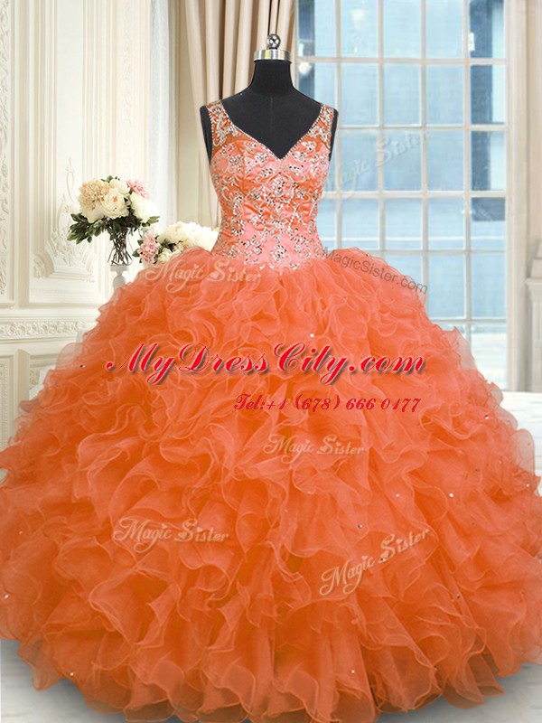 Orange Red Ball Gowns Organza V-neck Sleeveless Beading and Ruffles Floor Length Zipper Quinceanera Dresses