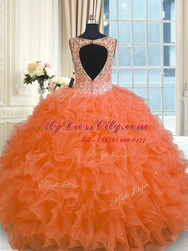 Orange Red Ball Gowns Organza V-neck Sleeveless Beading and Ruffles Floor Length Zipper Quinceanera Dresses