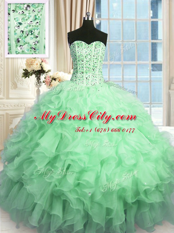 Apple Green Organza Lace Up 15 Quinceanera Dress Sleeveless Floor Length Beading and Ruffles and Sequins