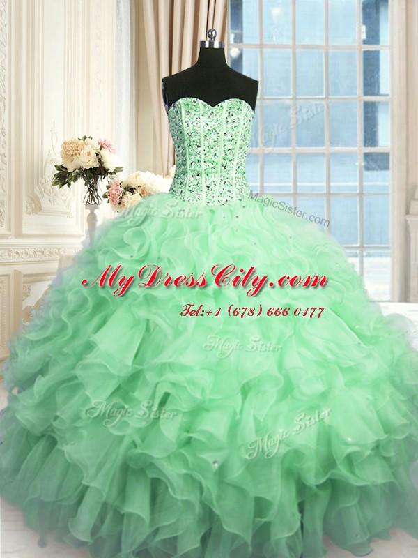 Apple Green Organza Lace Up 15 Quinceanera Dress Sleeveless Floor Length Beading and Ruffles and Sequins