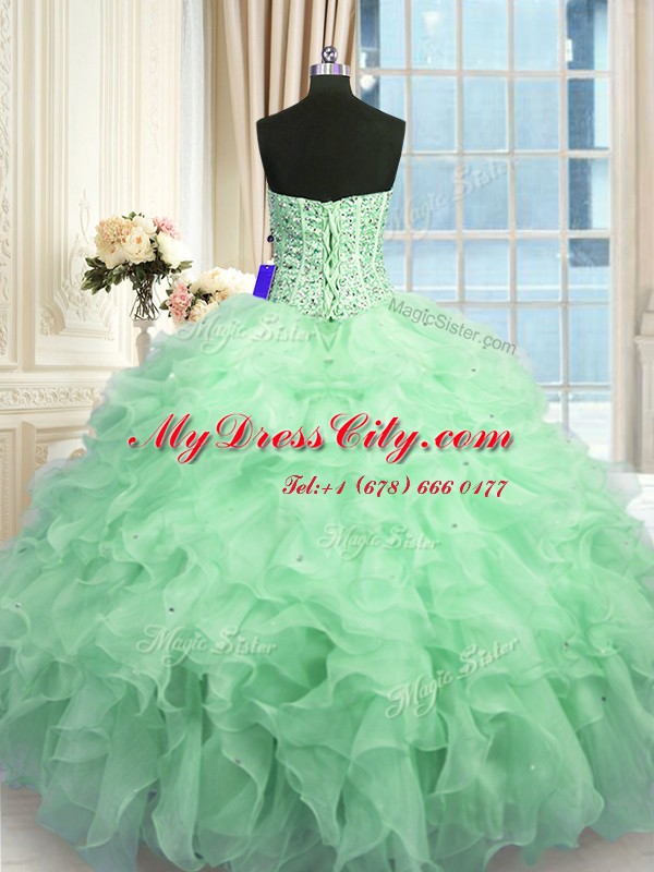 Apple Green Organza Lace Up 15 Quinceanera Dress Sleeveless Floor Length Beading and Ruffles and Sequins