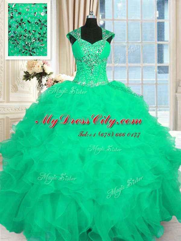 Turquoise Organza Lace Up Ball Gown Prom Dress Cap Sleeves Floor Length Beading and Ruffles and Pattern