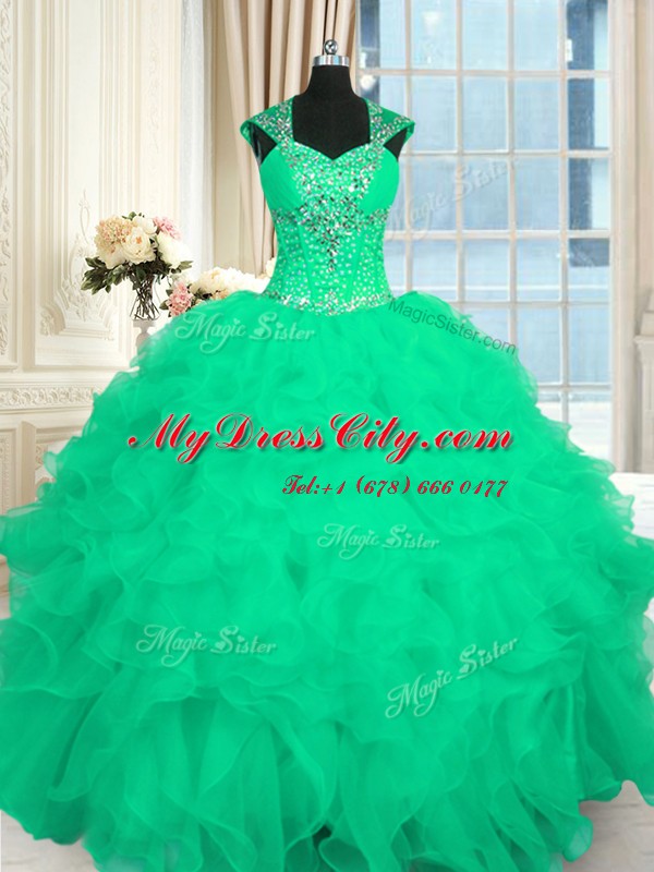 Turquoise Organza Lace Up Ball Gown Prom Dress Cap Sleeves Floor Length Beading and Ruffles and Pattern