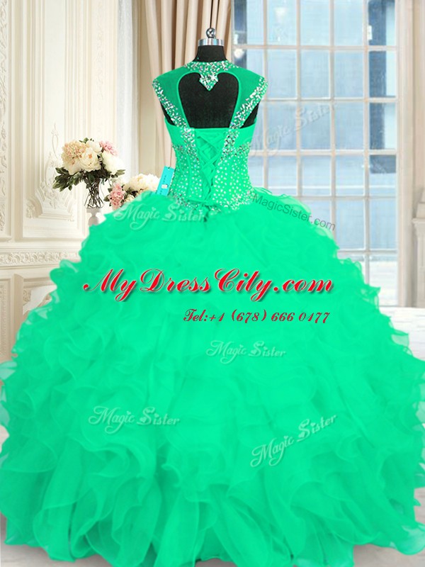 Turquoise Organza Lace Up Ball Gown Prom Dress Cap Sleeves Floor Length Beading and Ruffles and Pattern