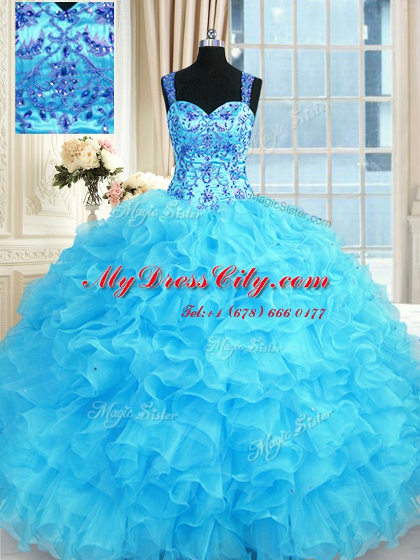 Baby Blue Organza Lace Up Sweet 16 Dresses Sleeveless Floor Length Embroidery and Ruffles