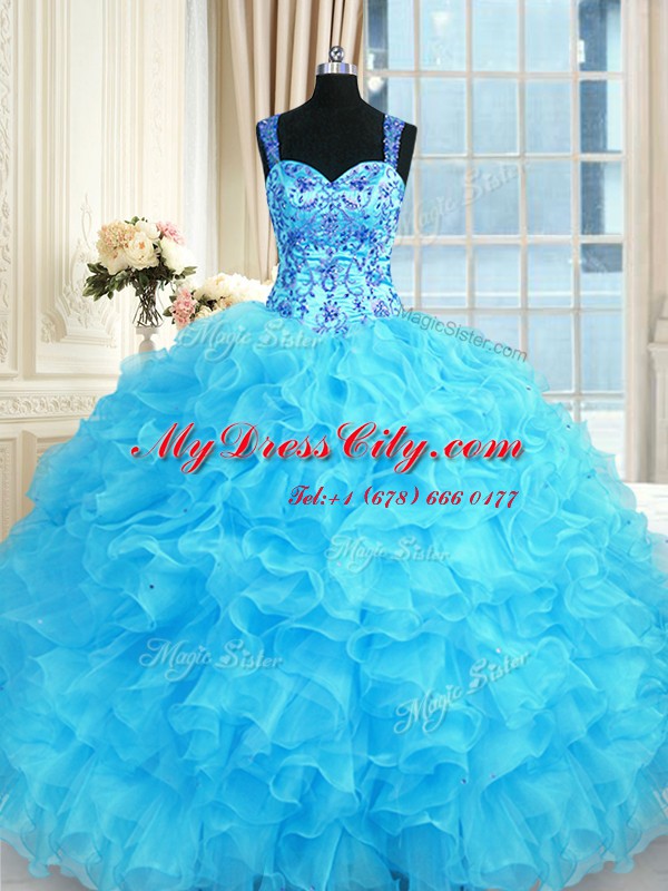 Baby Blue Organza Lace Up Sweet 16 Dresses Sleeveless Floor Length Embroidery and Ruffles