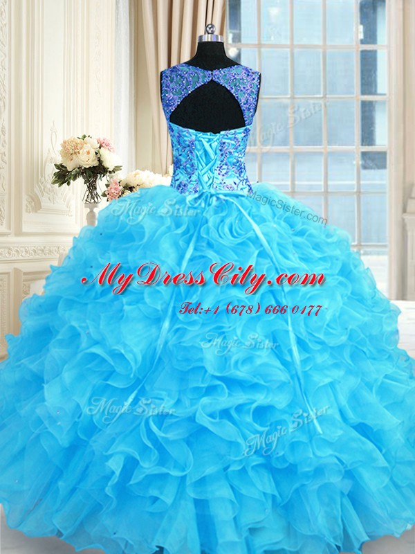 Baby Blue Organza Lace Up Sweet 16 Dresses Sleeveless Floor Length Embroidery and Ruffles