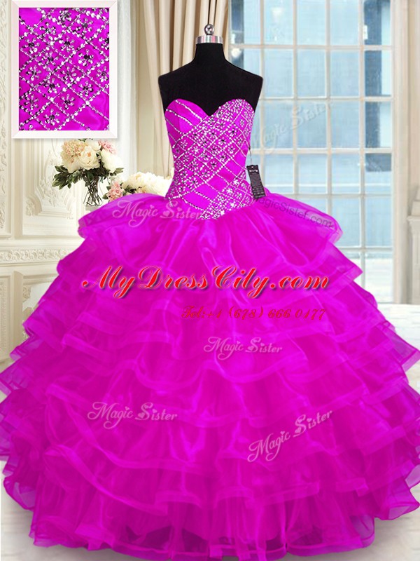 Customized Ruffled Sweetheart Sleeveless Lace Up Quinceanera Dress Fuchsia Organza