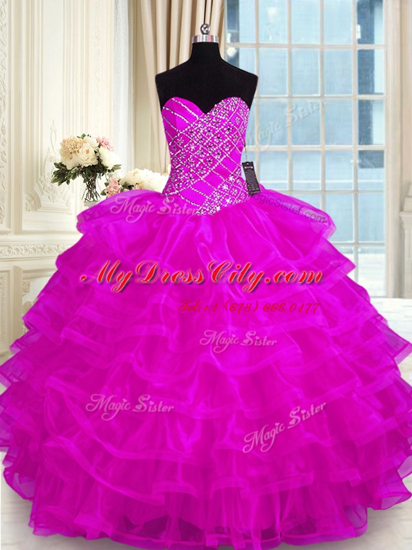 Customized Ruffled Sweetheart Sleeveless Lace Up Quinceanera Dress Fuchsia Organza