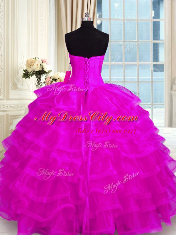 Customized Ruffled Sweetheart Sleeveless Lace Up Quinceanera Dress Fuchsia Organza