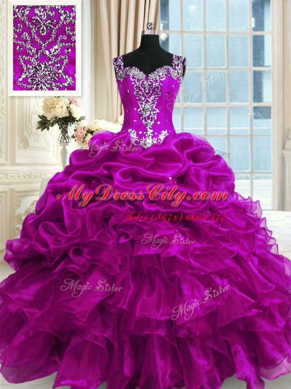 Delicate Fuchsia Lace Up Straps Beading and Ruffles and Pick Ups 15th Birthday Dress Organza Sleeveless