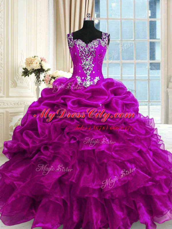 Delicate Fuchsia Lace Up Straps Beading and Ruffles and Pick Ups 15th Birthday Dress Organza Sleeveless