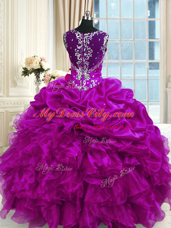 Delicate Fuchsia Lace Up Straps Beading and Ruffles and Pick Ups 15th Birthday Dress Organza Sleeveless