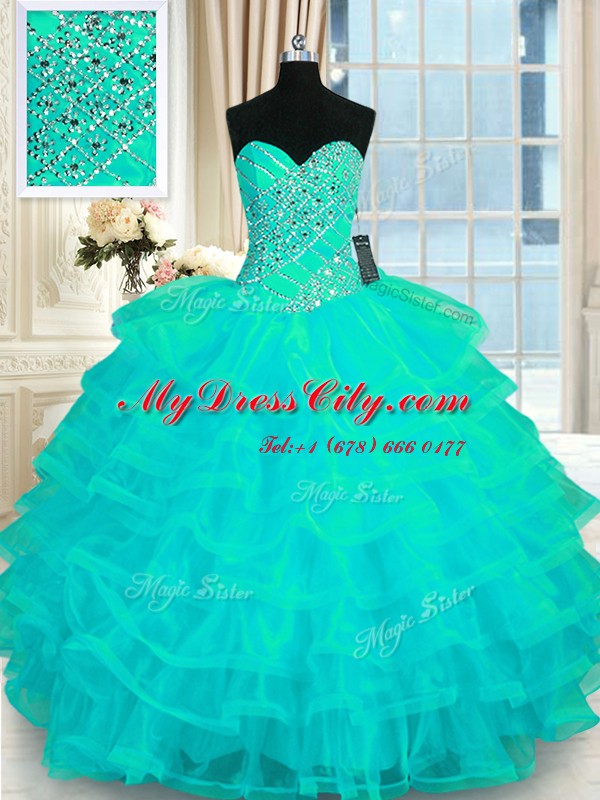 Artistic Turquoise Sleeveless Beading and Ruffled Layers Floor Length Vestidos de Quinceanera