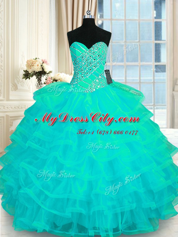 Artistic Turquoise Sleeveless Beading and Ruffled Layers Floor Length Vestidos de Quinceanera