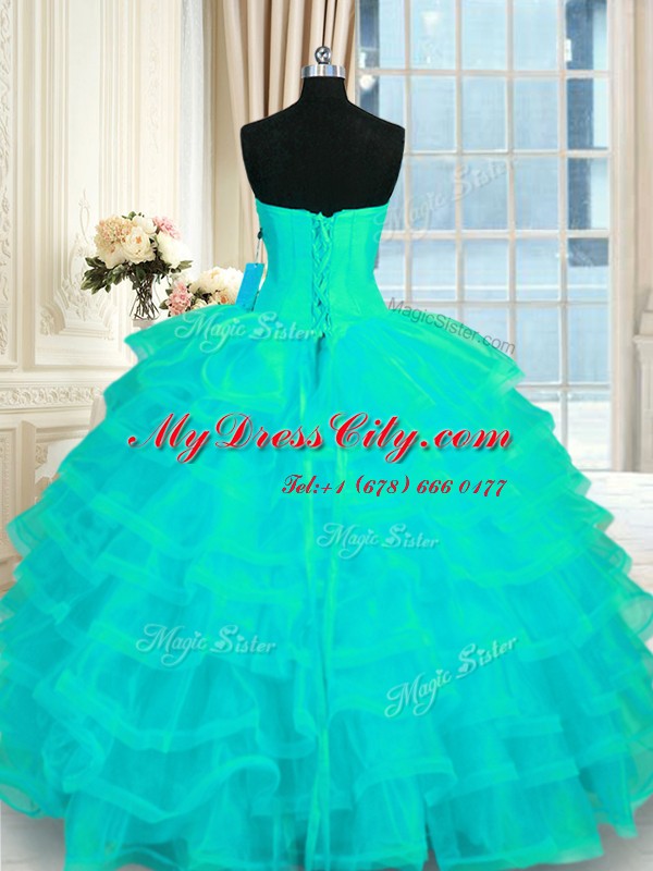 Artistic Turquoise Sleeveless Beading and Ruffled Layers Floor Length Vestidos de Quinceanera