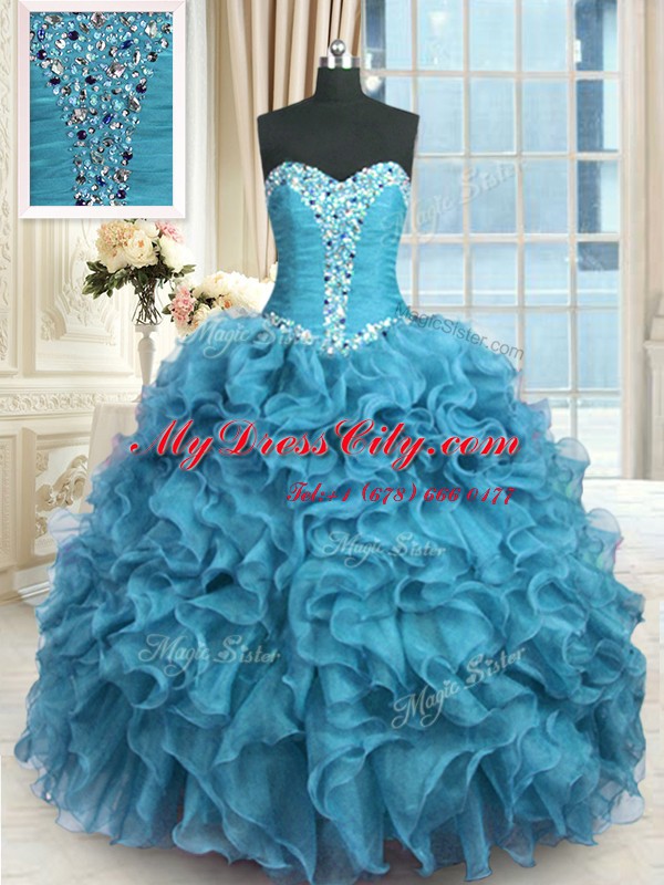 Sophisticated Baby Blue Ball Gowns Beading and Ruffles Sweet 16 Quinceanera Dress Lace Up Organza Sleeveless Floor Length