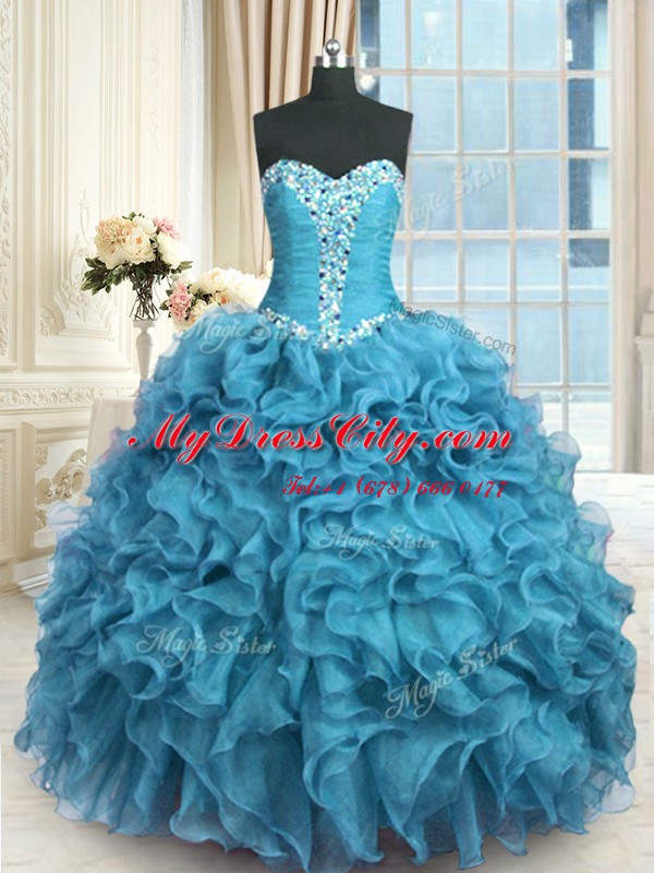 Sophisticated Baby Blue Ball Gowns Beading and Ruffles Sweet 16 Quinceanera Dress Lace Up Organza Sleeveless Floor Length