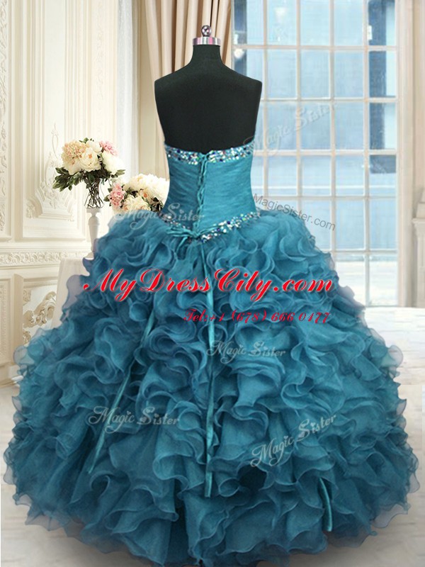 Sophisticated Baby Blue Ball Gowns Beading and Ruffles Sweet 16 Quinceanera Dress Lace Up Organza Sleeveless Floor Length