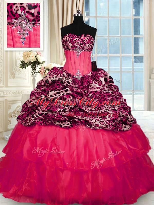 Amazing Printed Sleeveless Sweep Train Beading and Ruffled Layers Lace Up Sweet 16 Dresses