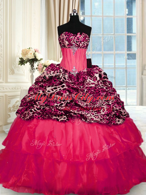 Amazing Printed Sleeveless Sweep Train Beading and Ruffled Layers Lace Up Sweet 16 Dresses