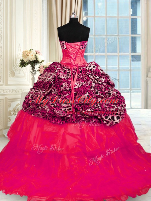 Amazing Printed Sleeveless Sweep Train Beading and Ruffled Layers Lace Up Sweet 16 Dresses