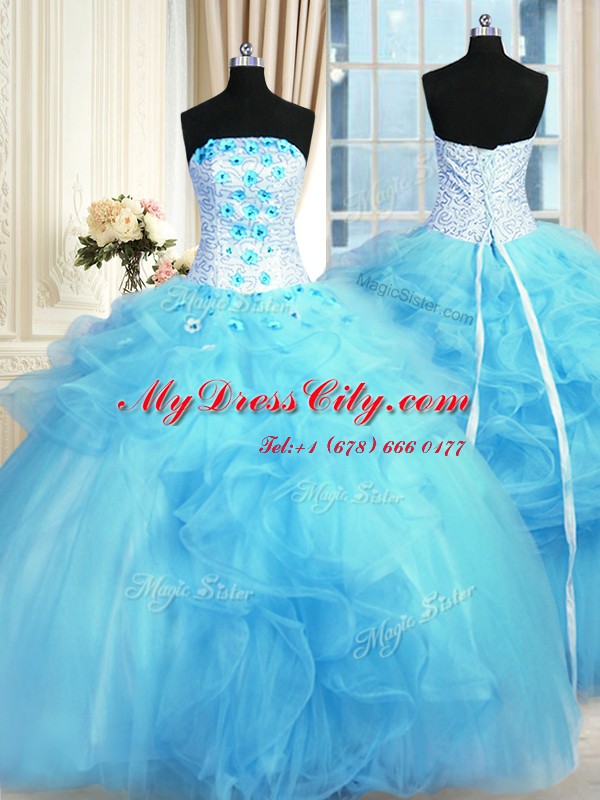 Sleeveless Tulle Floor Length Lace Up 15 Quinceanera Dress in Baby Blue with Pick Ups and Hand Made Flower