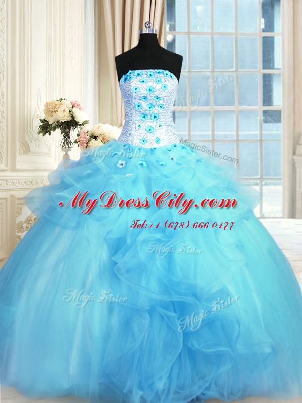 Sleeveless Tulle Floor Length Lace Up 15 Quinceanera Dress in Baby Blue with Pick Ups and Hand Made Flower