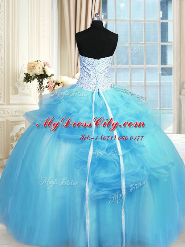 Sleeveless Tulle Floor Length Lace Up 15 Quinceanera Dress in Baby Blue with Pick Ups and Hand Made Flower