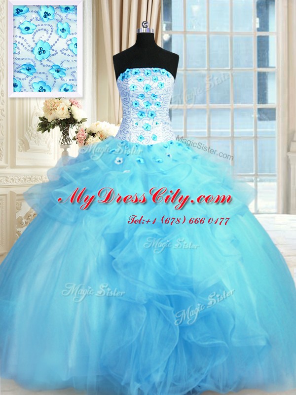 Sleeveless Tulle Floor Length Lace Up 15 Quinceanera Dress in Baby Blue with Pick Ups and Hand Made Flower