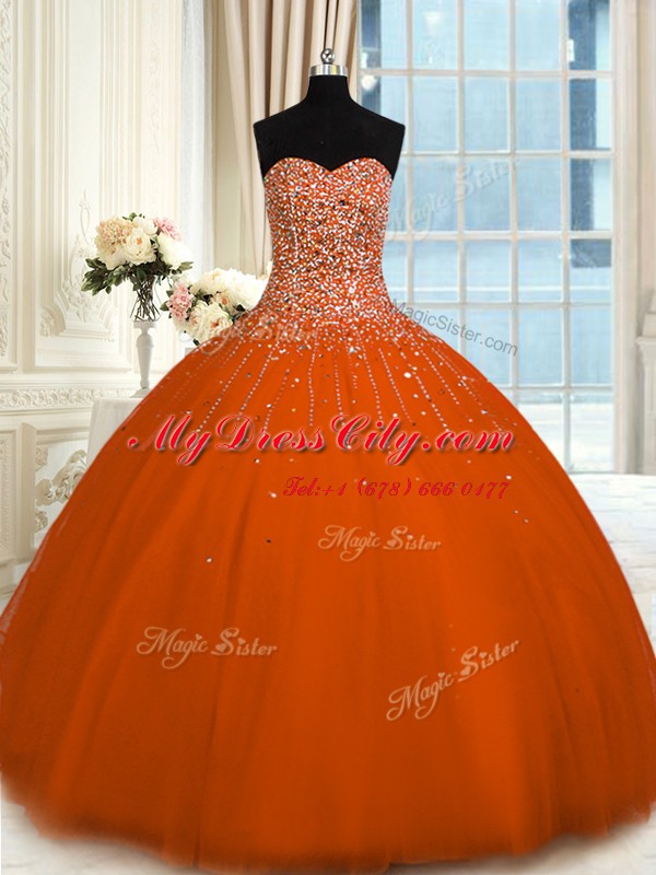 Floor Length Ball Gowns Sleeveless Rust Red Ball Gown Prom Dress Lace Up