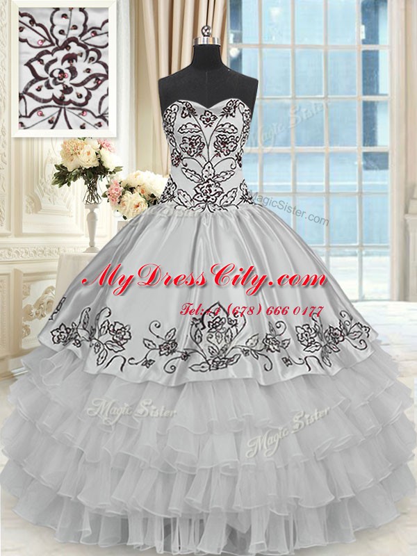 Grey Lace Up Halter Top Beading and Embroidery and Ruffled Layers Sweet 16 Dresses Organza and Taffeta Sleeveless