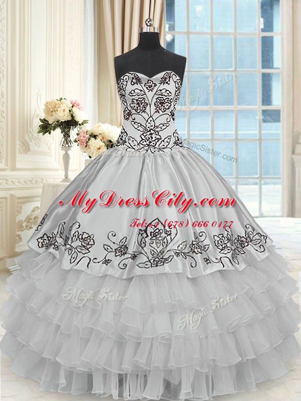 Grey Lace Up Halter Top Beading and Embroidery and Ruffled Layers Sweet 16 Dresses Organza and Taffeta Sleeveless