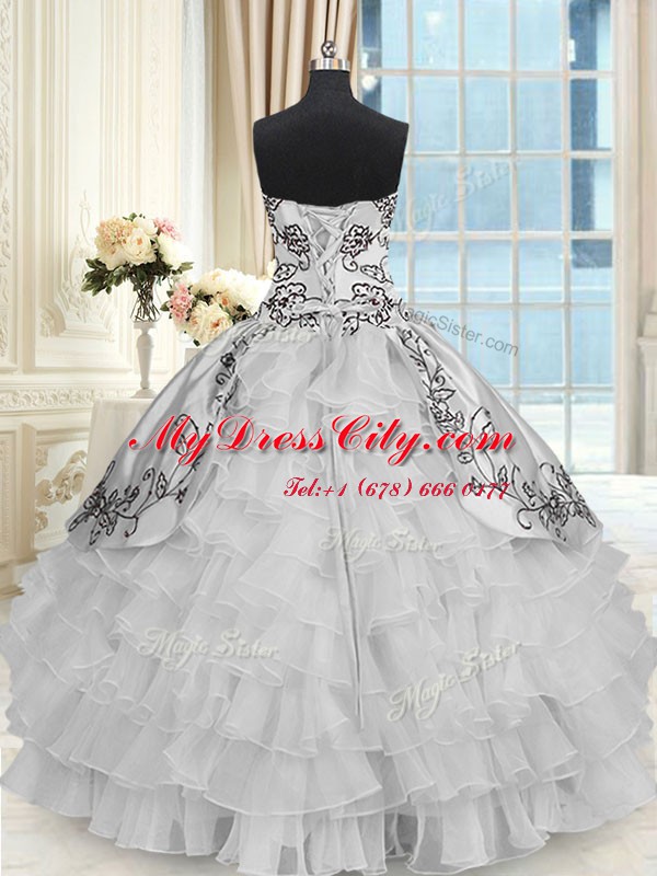 Grey Lace Up Halter Top Beading and Embroidery and Ruffled Layers Sweet 16 Dresses Organza and Taffeta Sleeveless