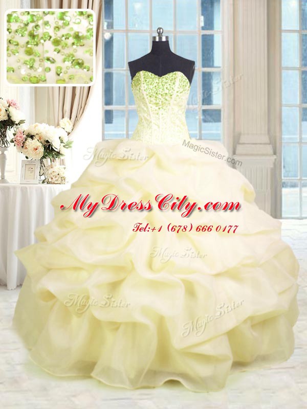 Delicate Light Yellow Lace Up Quince Ball Gowns Beading and Ruffles Sleeveless Floor Length