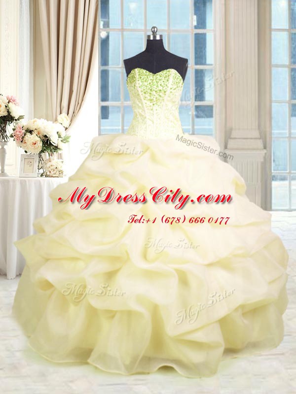 Delicate Light Yellow Lace Up Quince Ball Gowns Beading and Ruffles Sleeveless Floor Length